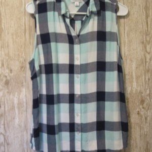 Cute Sleeveless Flannel Blues/ Greens Size L